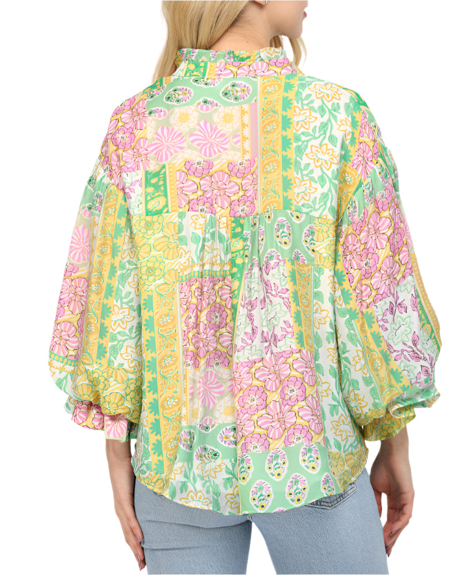 Patchwork Print Bubble Sleeve Top