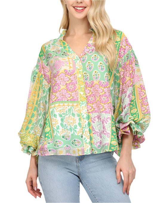 Patchwork Print Bubble Sleeve Top