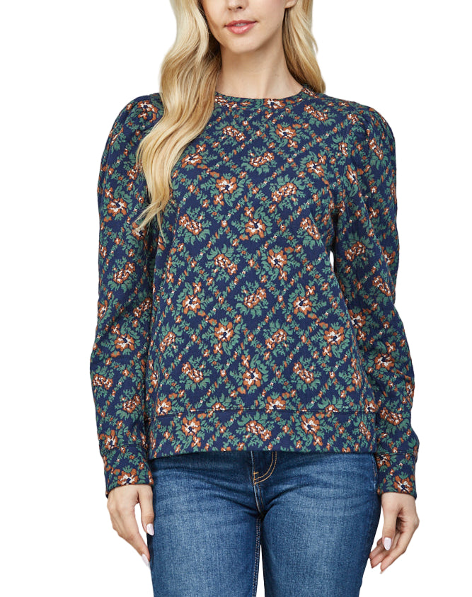 Jacquard Floral Puff Sleeve Top