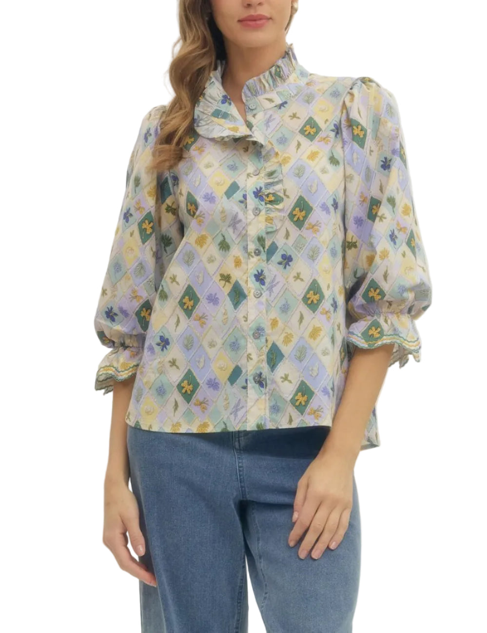 Diamond pattern print 3/4 puff sleeve top featuring ruffled neck and button closure at front. Elasticated cuffs with scallop accent trim. Unlined. Woven. Non-sheer. Lightweight.