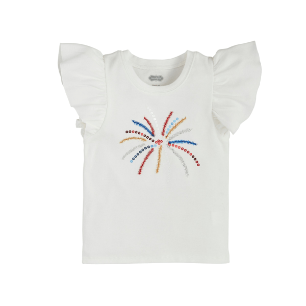 White t-shirt with colorful embroidered design on a white background