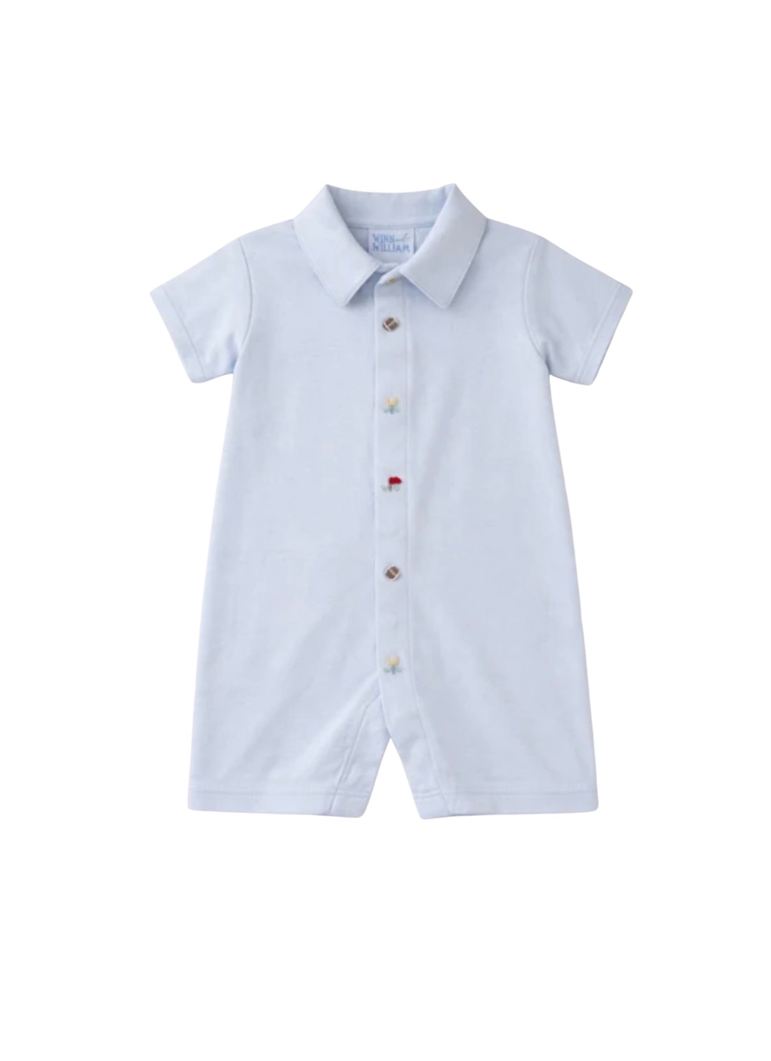 A light blue short-sleeve baby romper with a polo-style collar and a button-down front, shown against a plain white background.