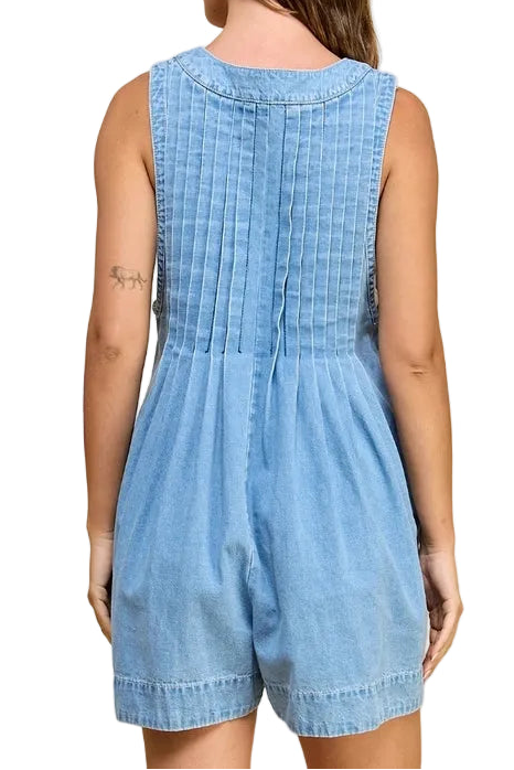 FrontPleatedVNeckSleevelessDenimRomperBack