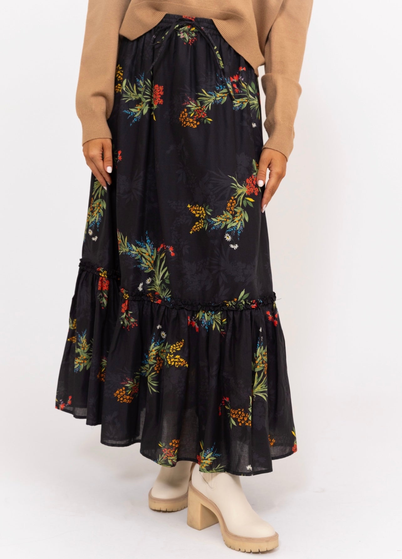 Black Floral Poplin Maxi Tiered Skirt by Karlie