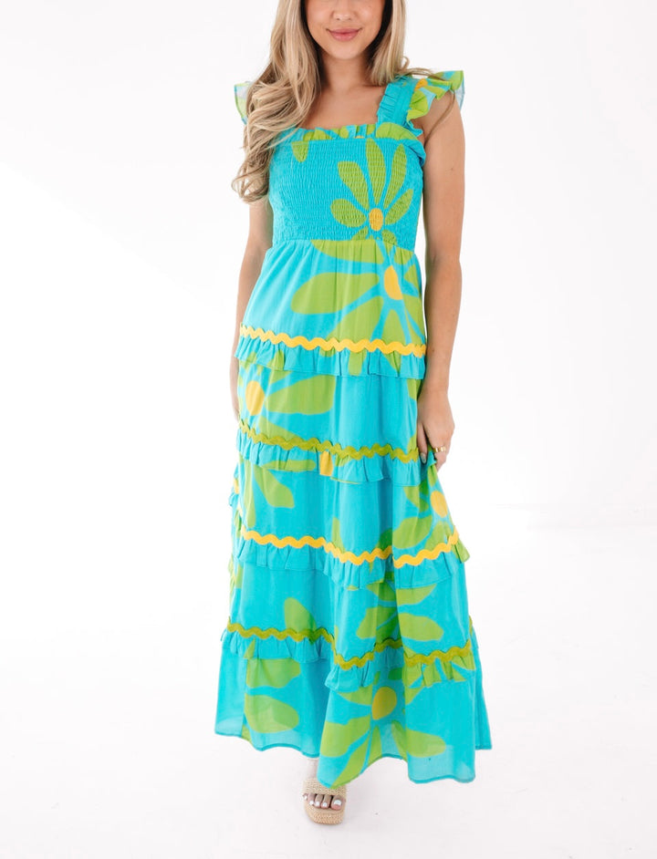 Indi Tiered Ric Rac Midi Dress in Aqua/Lime