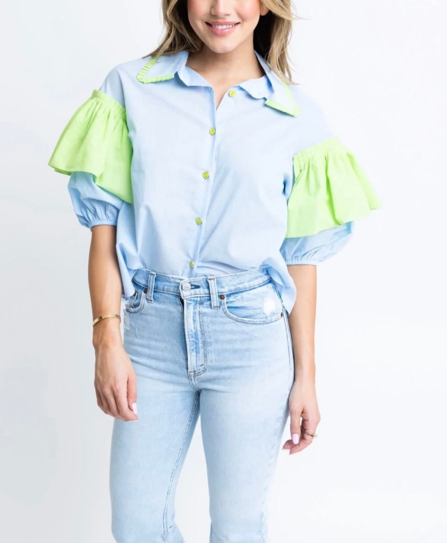 Kate Blue Solid Ruffle Top by Karlie