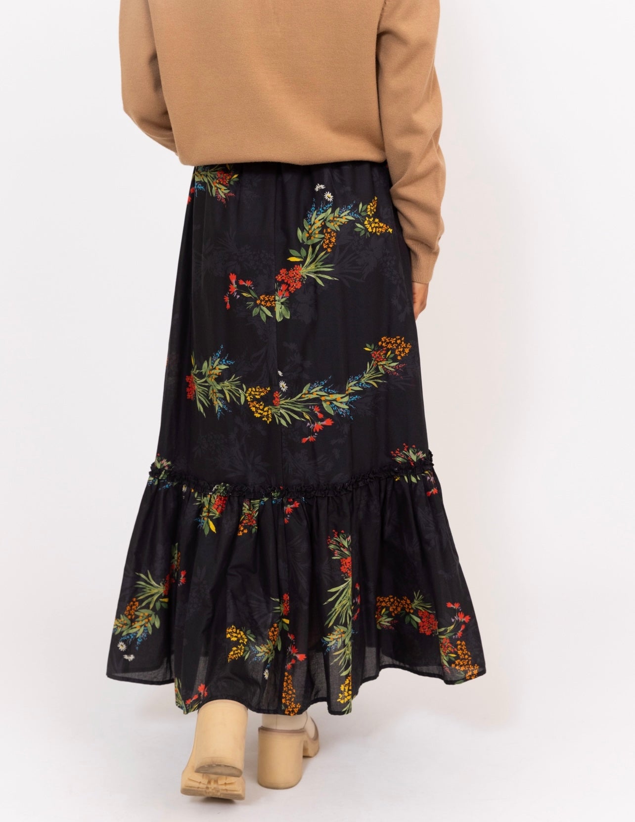 Black Floral Poplin Maxi Tiered Skirt by Karlie