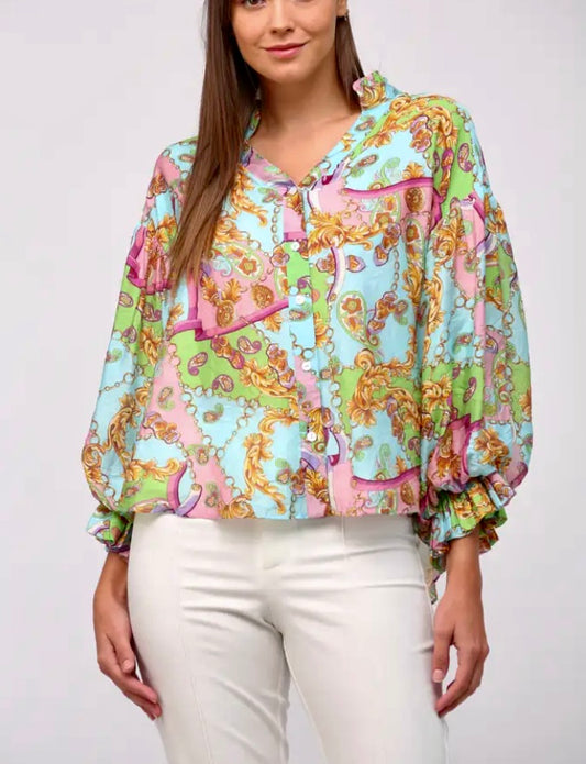 Angie Chain Print Bubble Sleeve Blouse by Fate