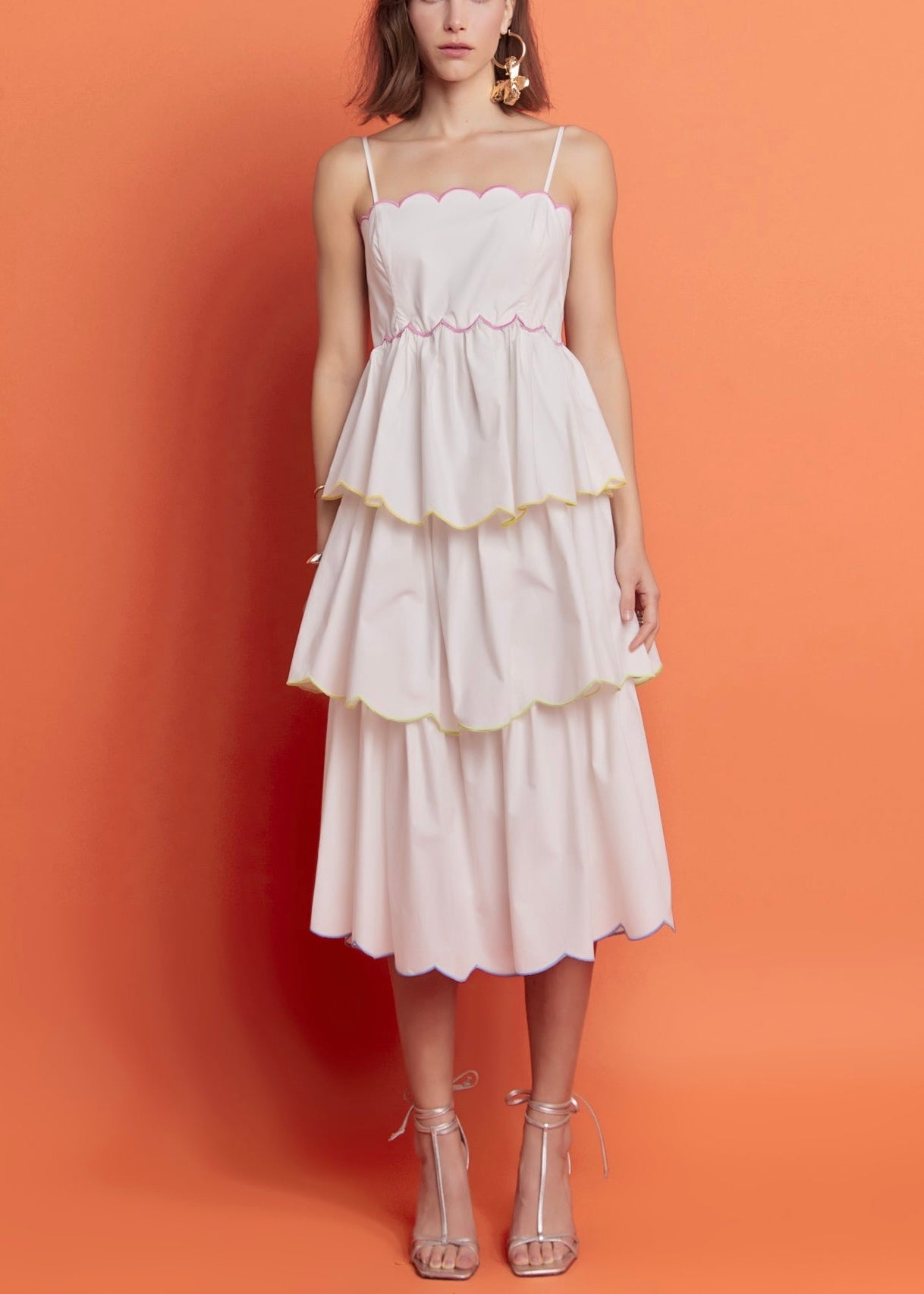 Demi Scallop Sleeveless Tiered Dress in White by English Factory