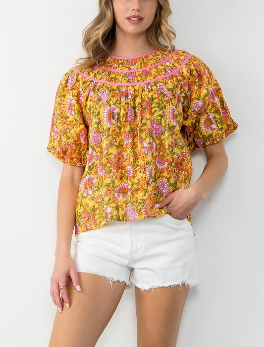 Addie Short Sleeve Flower Print Top in Yellow Multi by thml