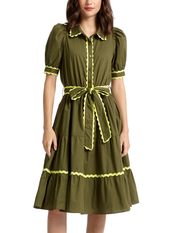 Button Down Belted Dress in Olive by Stellah