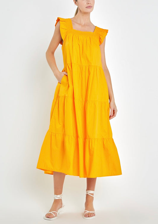 Allie Orange Ruffle Detail Midi Dress by English  