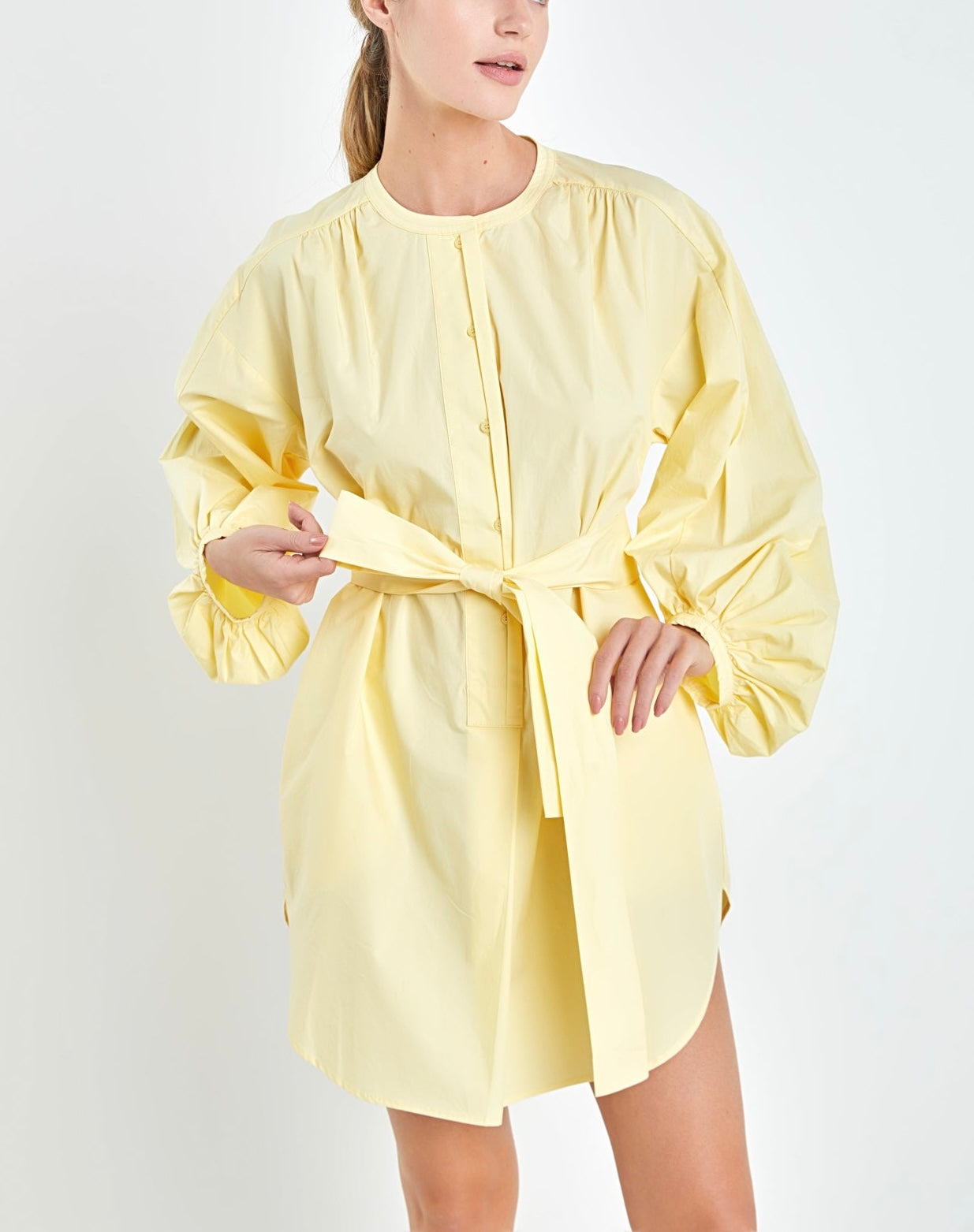 Ava Billow Mini Butter Dress, yellow button up dress by english factory 