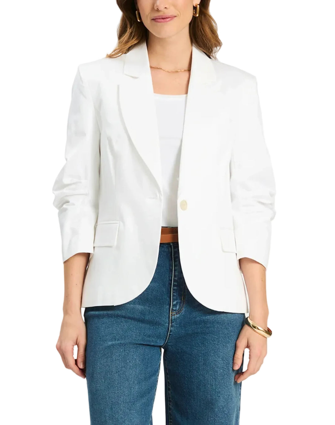 Suit up for spring: the Taylor Blazer brings a classic tailored look with warm-weather ease. Designed with a notch collar, single-breasted button front, and three-quarter ruched sleeves, it layers effortlessly over tees, dresses, and everything in between.

Single breasted style
Notch collar
Three-quarter ruched sleeves
Single button front
Shell: 96% Cotton, 4% Spandex; Lining: 100% Polyester
Dry clean only