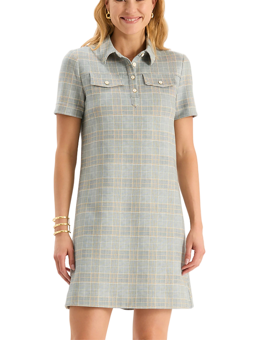 Introducing Casey, the newest addition to our best-selling Knit Girls Collection! This dress blends everyday comfort with classic charm, crafted in a soft knit fabric with an allover plaid pattern. The silhouette features a tailored collar, short sleeves, and front pocket detailing for a polished finish.

Polo collar with half-button placket
Short sleeves
Shell: 94% Polyester, 6% Spandex
Shell: 100% Cotton
Machine wash cold, lay flat to dry