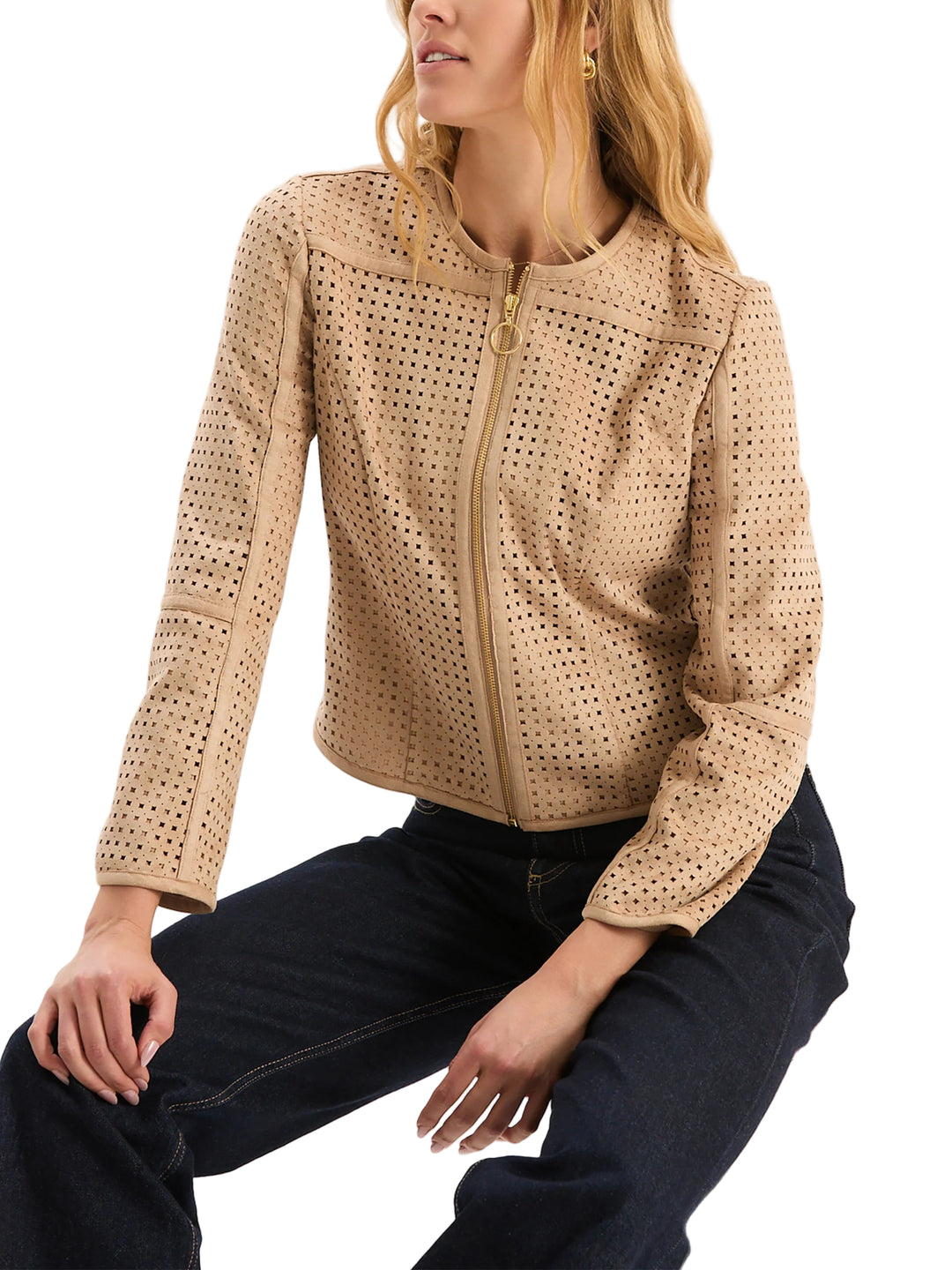 Crafted in soft faux suede fabric, the Piper Punched Faux Suede Jacket has a luxurious feel and contemporary edge. The silhouette features a collarless design, gold zip-front closure, and allover perforated detailing that adds textural interest and modern flair. Perfect for pairing with everything from jeans to dresses, it brings just the right amount of polish to any outfit.

Collarless neckline
Gold front zip with ring pull detail
Long sleeves
Shell: 94% Polyester, 6% Spandex
Dry clean only