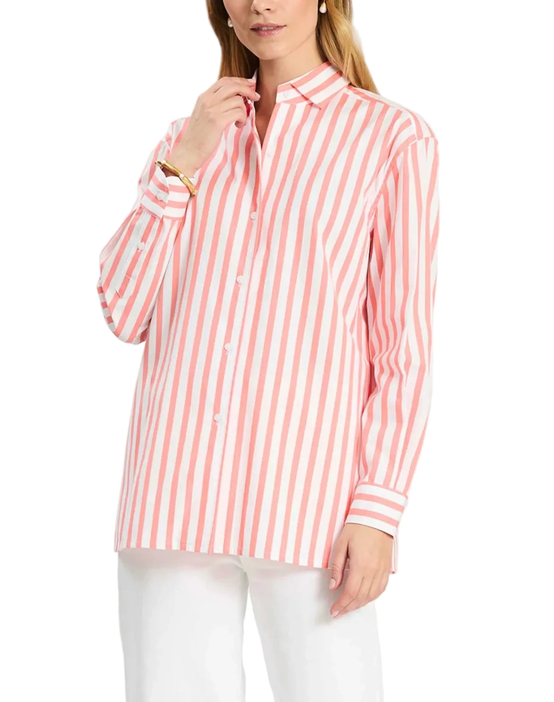 This cotton striped button-down is a fresh, polished take on a timeless classic. Designed with crisp vertical stripes, it creates a clean, flattering look while maintaining an easy, tailored fit. The lightweight cotton fabrication keeps it breathable and comfortable, making it perfect for all-day wear. Finished with a classic collar and button-front closure, it’s an effortless staple—perfect worn on its own or layered for a more refined, pulled-together look.

Classic point collar
Button-front closure
Long 
