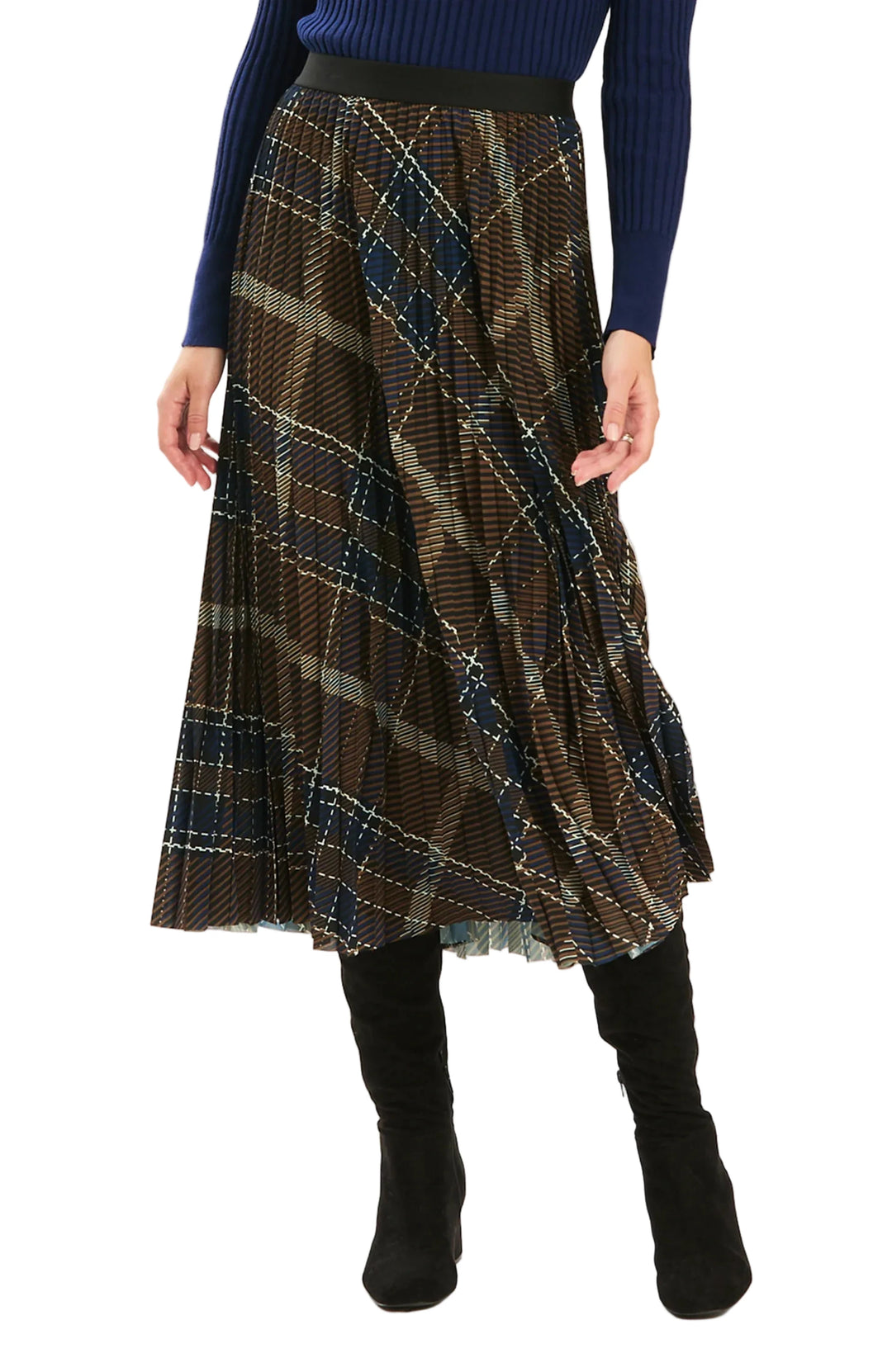 A fresh take on a wardrobe favorite, this pleated midi skirt brings rich color and graceful movement to your fall wardrobe. Designed in a timeless plaid print with soft allover pleats, it creates beautiful dimension with every step while the comfortable elastic waistband makes it easy to wear from day to night. Pair it with a cozy knit, tailored blazer, or your favorite boots for an effortlessly put-together look all season long.

Elasticized waistband
Allover pleats
Midi length
Unlined
100% Polyester
Dry c