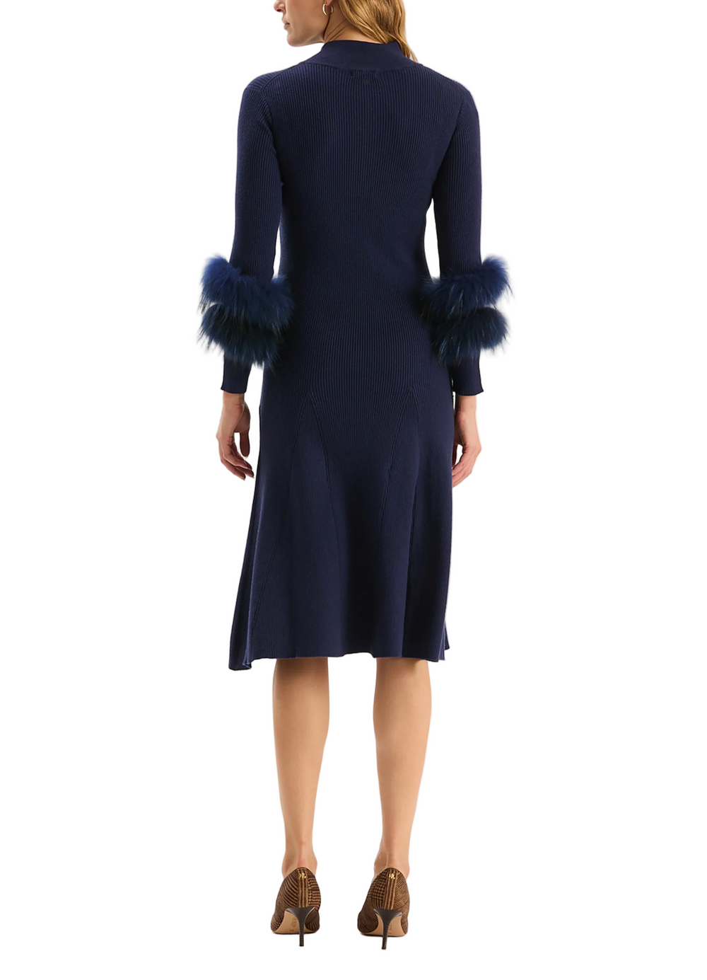 A must-have for your special occasions this season, the Celia Knit Fur Sleeve Dress is a fun and glamorous style with a mock neck and fur cuffs. The elegant silhouette features a fitted bodice, long sleeves, and a midi length that creates a sophisticated and party-ready look.

Elbow-length sleeves
Fur sleeve detail
Mock neckline
62% Viscose, 38% Polyester, Fur: Raccoon
Hand wash cold or dry clean