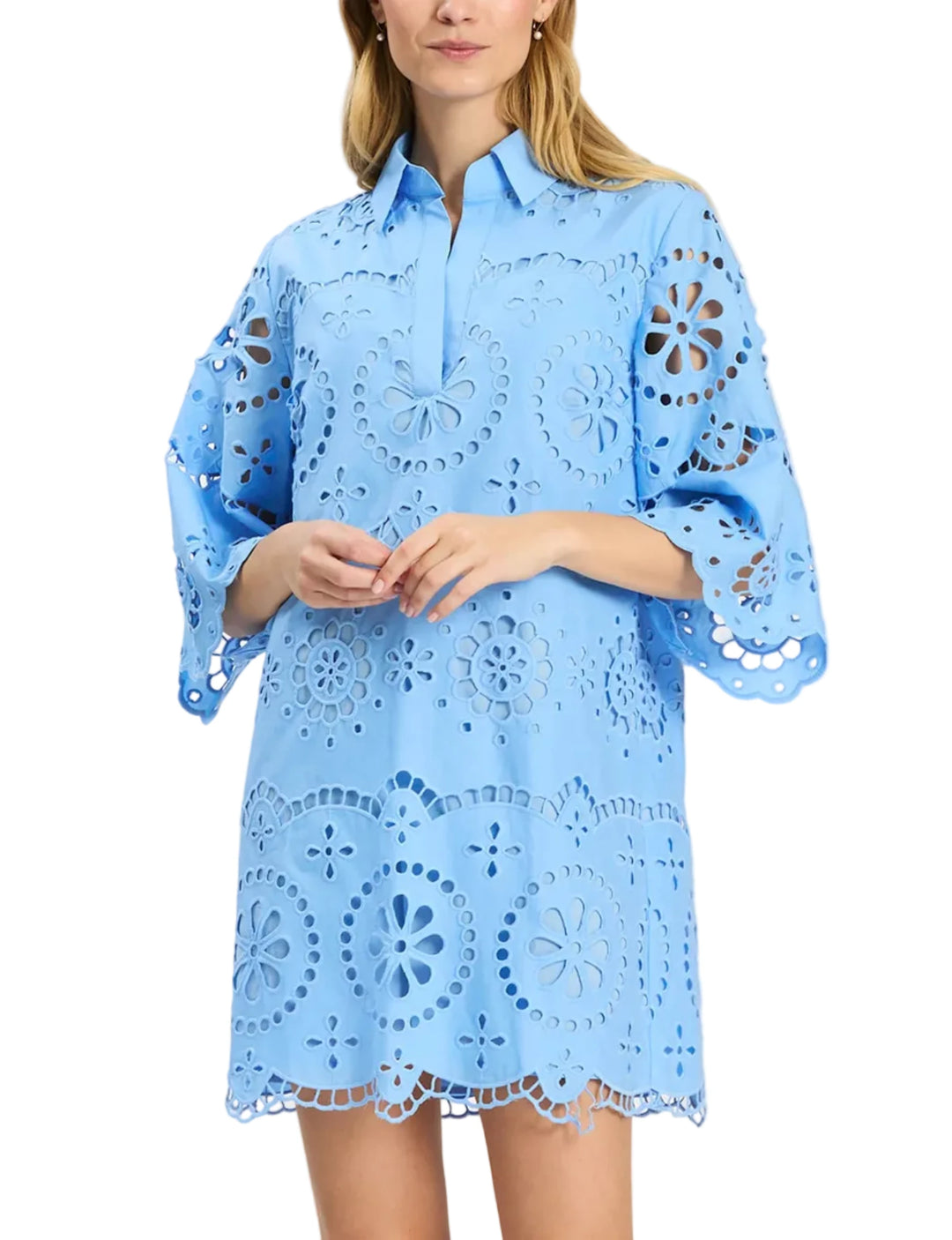 An effortless statement dress for sunny days and warm nights. Crafted in beautifully detailed eyelet, this easy tunic silhouette features softly flared sleeves and a flattering neckline that feels both polished and comfortable. Perfect for everything from daytime plans to vacation dinners, it’s a throw-on-and-go favorite you’ll reach for all season long.

Point collar with front placket
Three-quarter sleeves with subtle flare
Allover eyelet design
100% Cotton
Machine wash cold, line dry