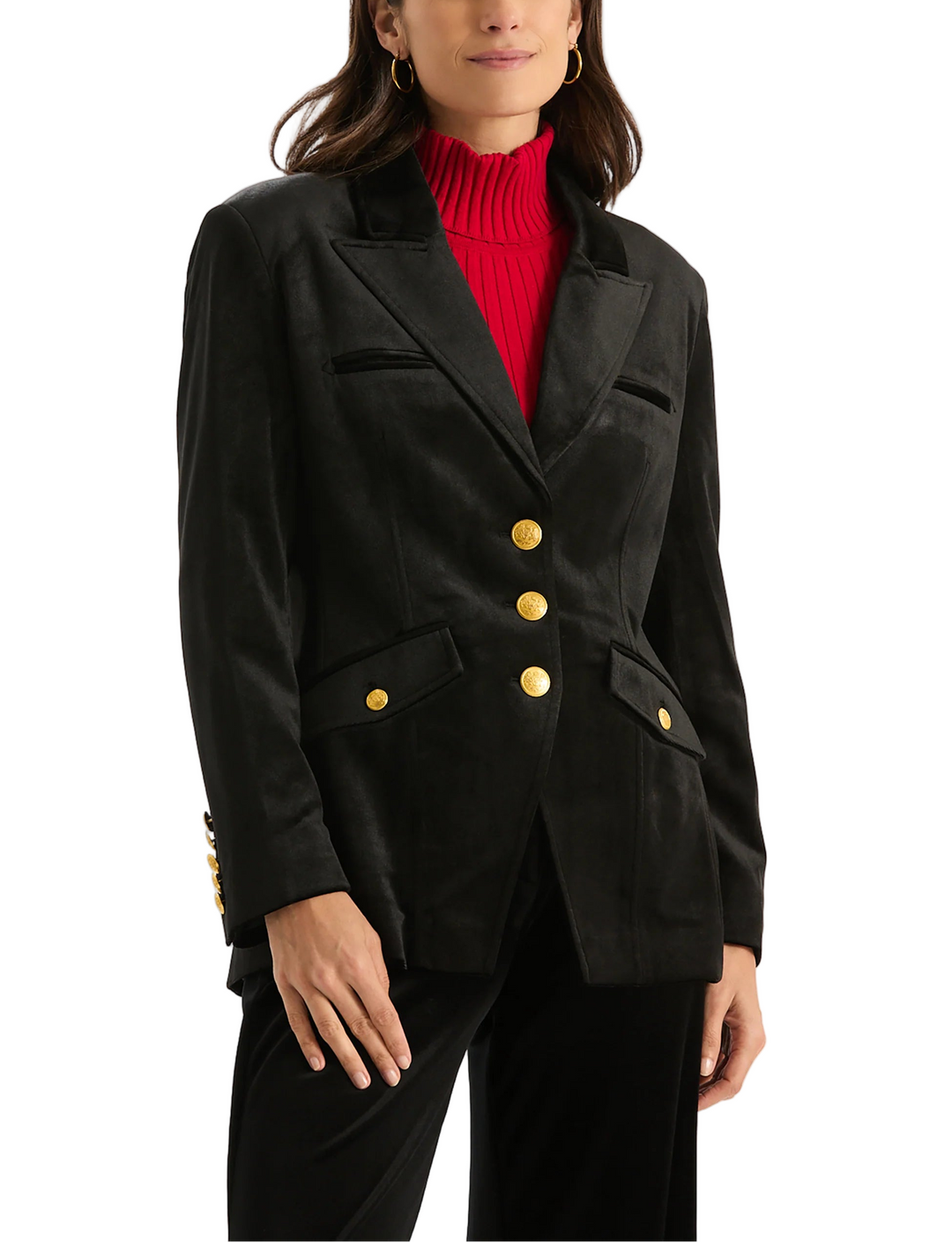 Your favorite blazer has returned – the Goldie Velvet Blazer is the perfect classic, tailored style and is finished with gorgeous gold buttons. Made of luxurious velvet for an elevated look and feel. Dress it up with our Kathy Velvet Pant or a festive skirt or keep it casual with denim. 

Peak lapel
Single-breasted
Long sleeves
Shell: 95% Polyester, 5% Spandex, Lining: 100% Polyester
Dry clean only