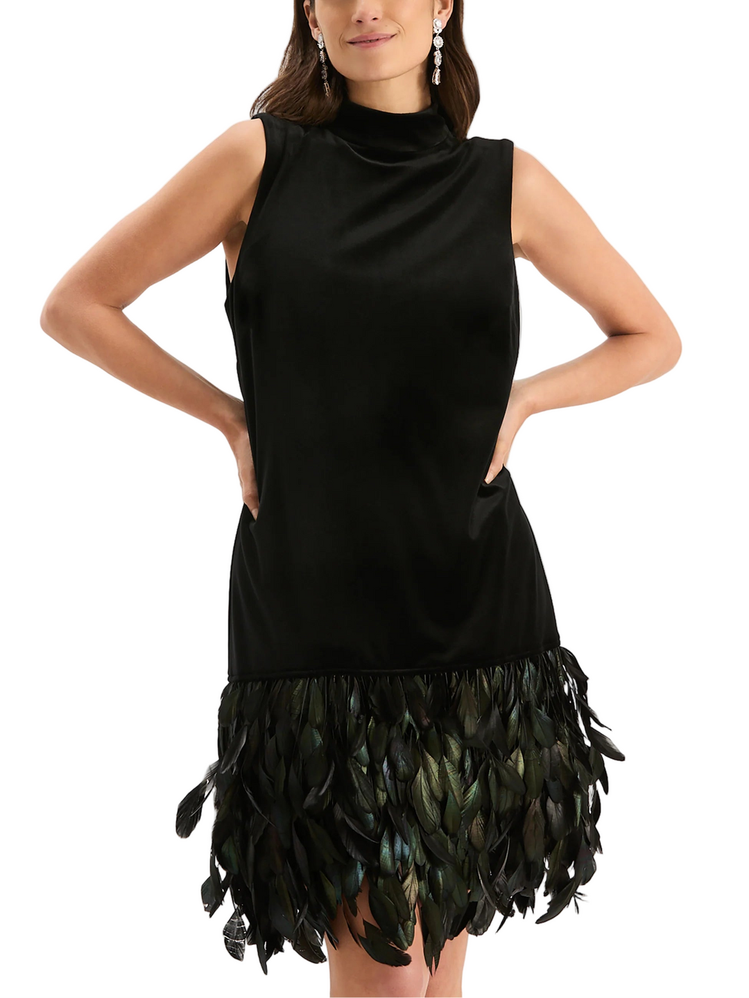 Introducing Colette, our must-have holiday dress. Statement-making feather trim gives flirty movement to this velvet dress. Throw on with your favorite pair of heels and accessories for the perfect festive party look.

Mock neck
Sleeveless
Shift style
Feather-trimmed hem
Back zipper closure
Fully lined
Shell: 95% Polyester, 5% Spandex, Lining: 100% Polyester
Dry clean only