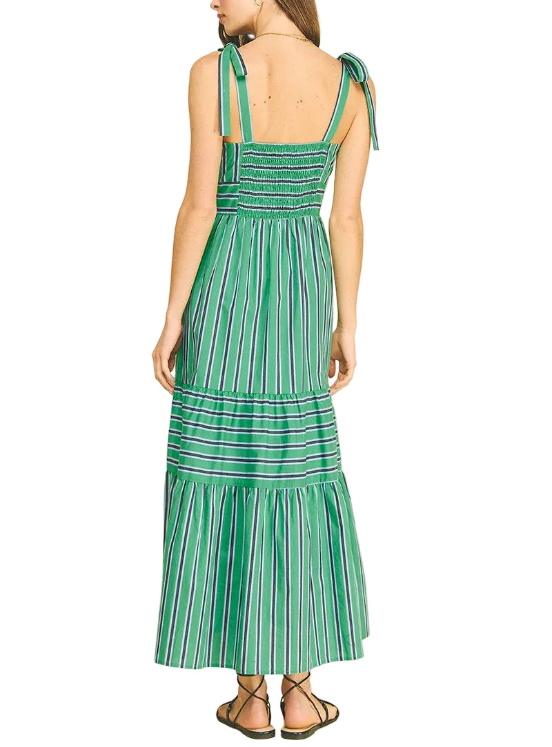 Woman wearing a Green and Blue Striped Maxi Dress