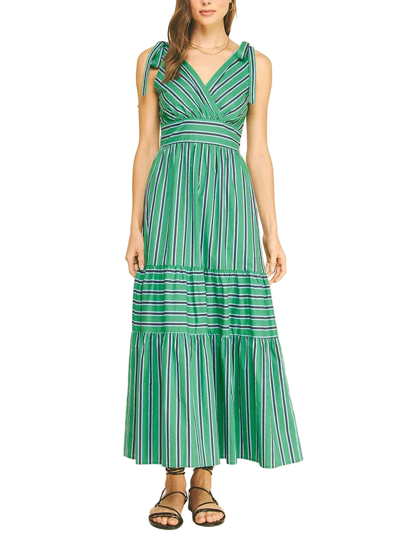 Woman wearing a Green and Blue Striped Maxi Dress