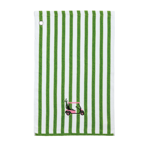 Green and white striped towel with a golf cart design on a white background