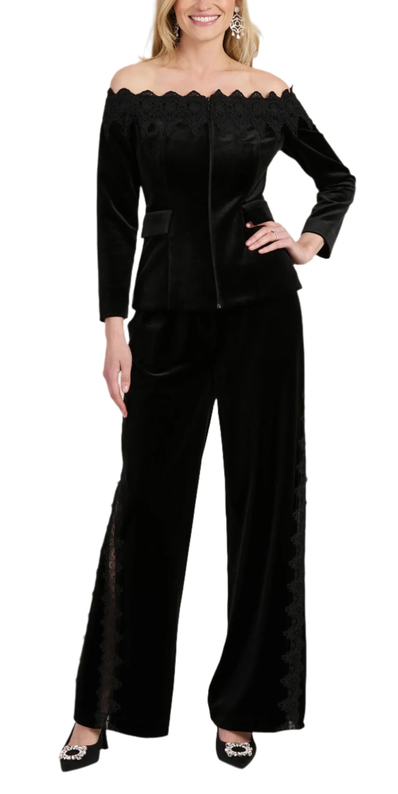 Looking for something special for party season? You found it! This velvet top has lace detail and an elegant off-the-shoulder neckline. Pair with our matching Toby Velvet Lace Pant for the perfect party look.

Off-the-shoulder neckline
Three-quarter sleeves
Lace detail
Front zip
Front flap pockets
95% Polyester, 5% Spandex
Dry clean