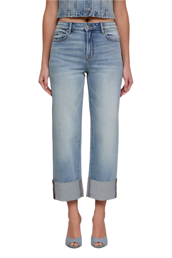 Ella Vintage Wash High Rise Cuffed Wide Straight Jeans by Hidden