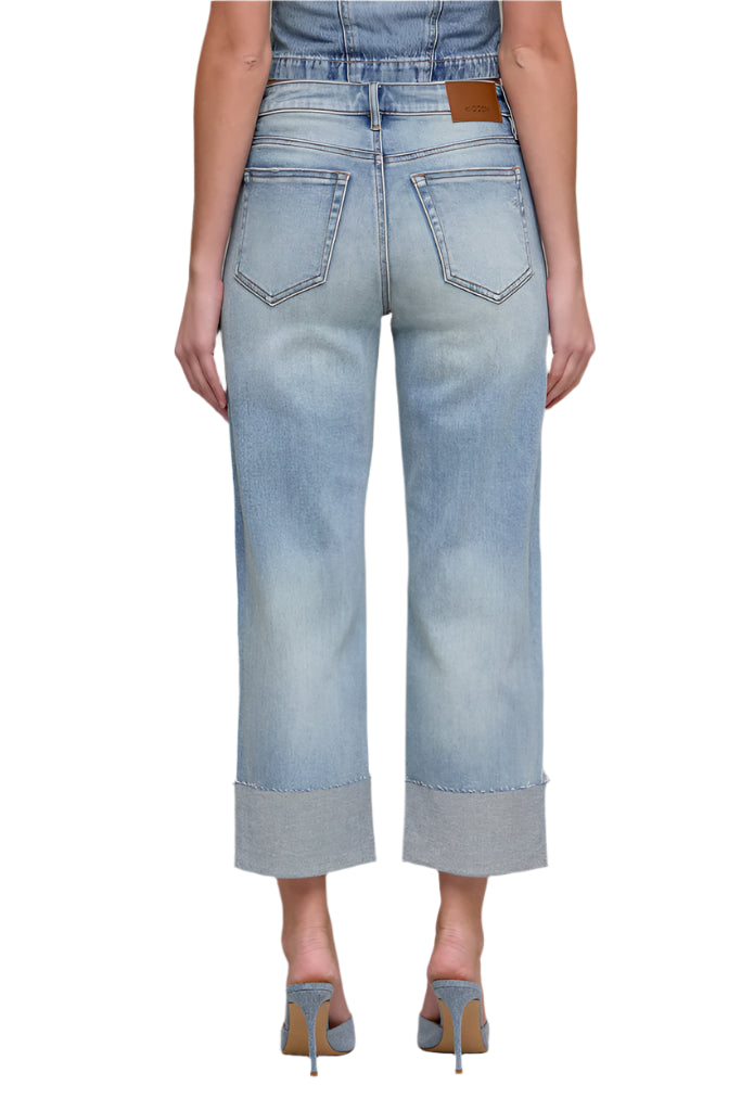 Ella Vintage Wash High Rise Cuffed Wide Straight Jeans by Hidden