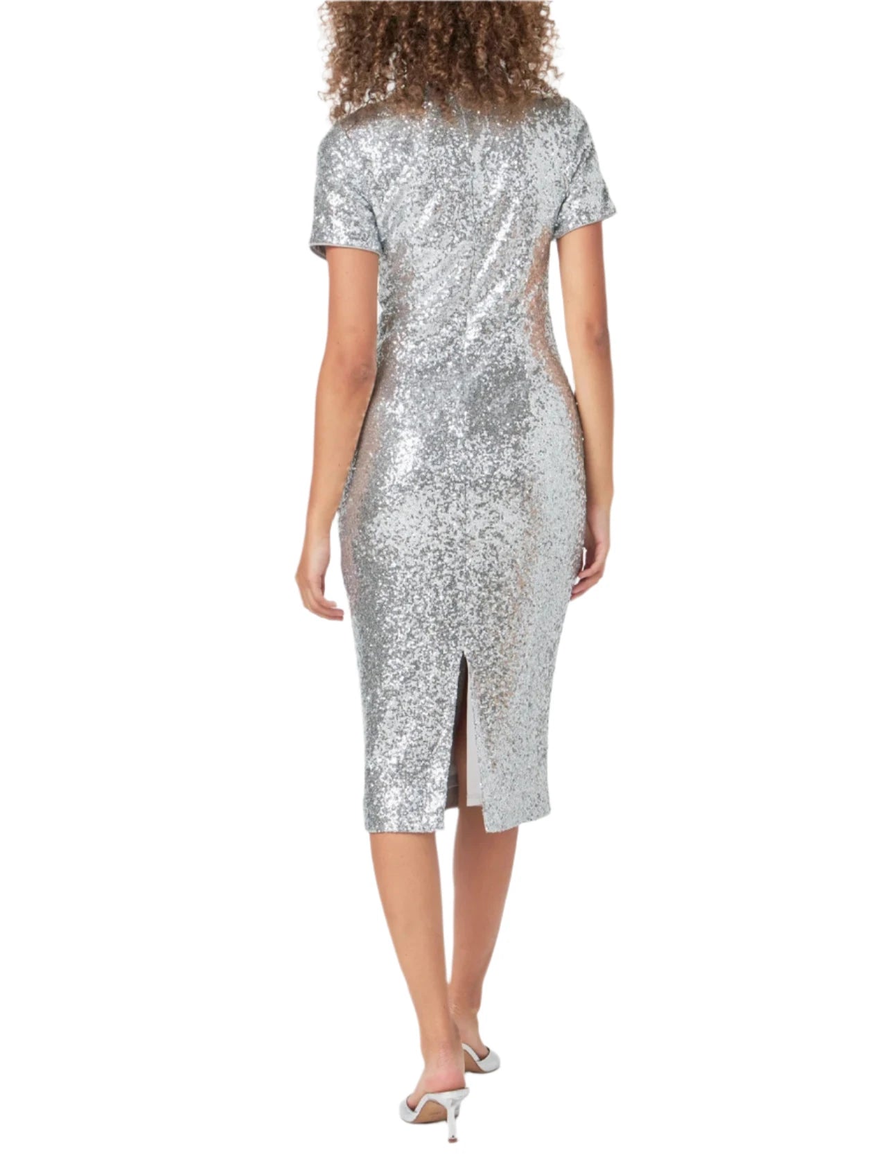 This dress offers a glamorous sequin-covered fabric that glistens and sparkles as you move. The maxi dress is designed with a round neckline short sleeves and maxi length for an elegant silhouette.