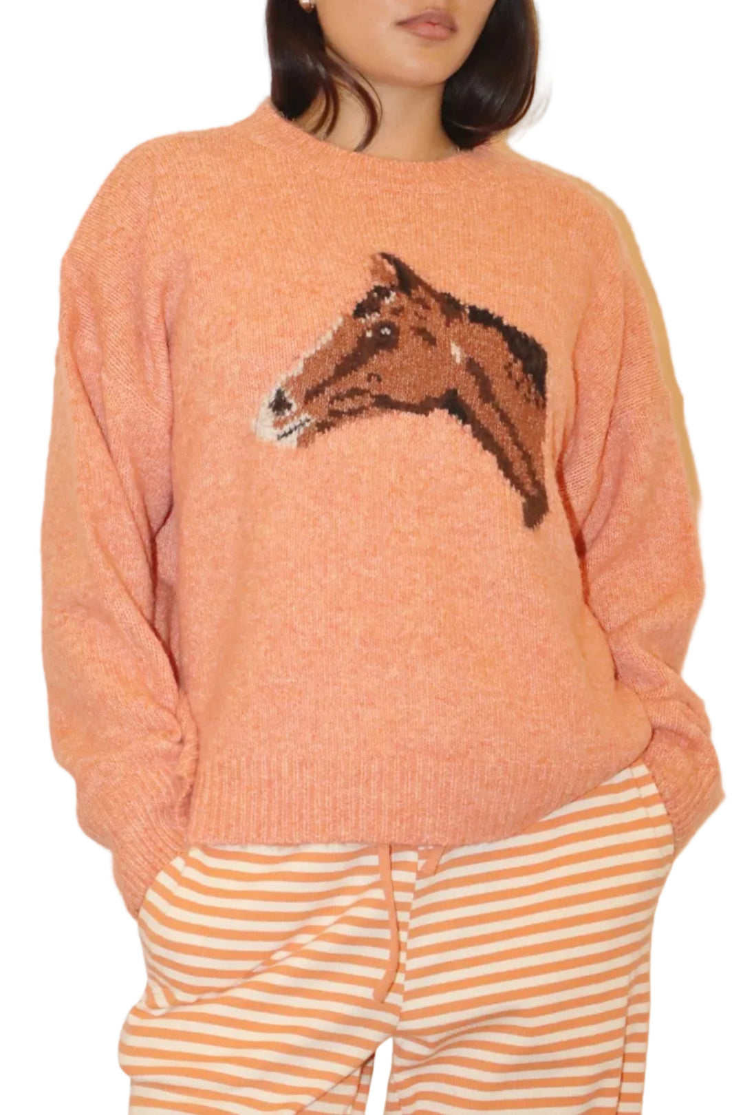 Person wearing a peach sweater with a horse design and striped pants against a plain background