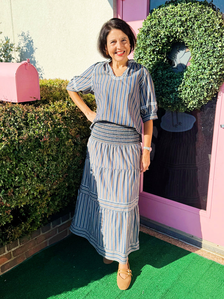 Kylie Midi Skirt in Navy Stripe