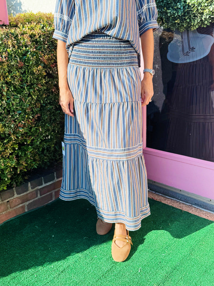 Kylie Midi Skirt in Navy Stripe