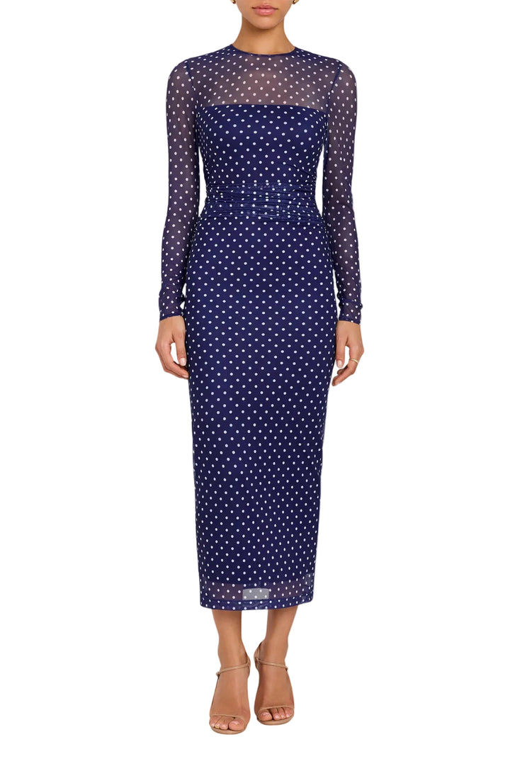 Zoey Midi Dress in Navy Polkadot by Amanda Uprichard