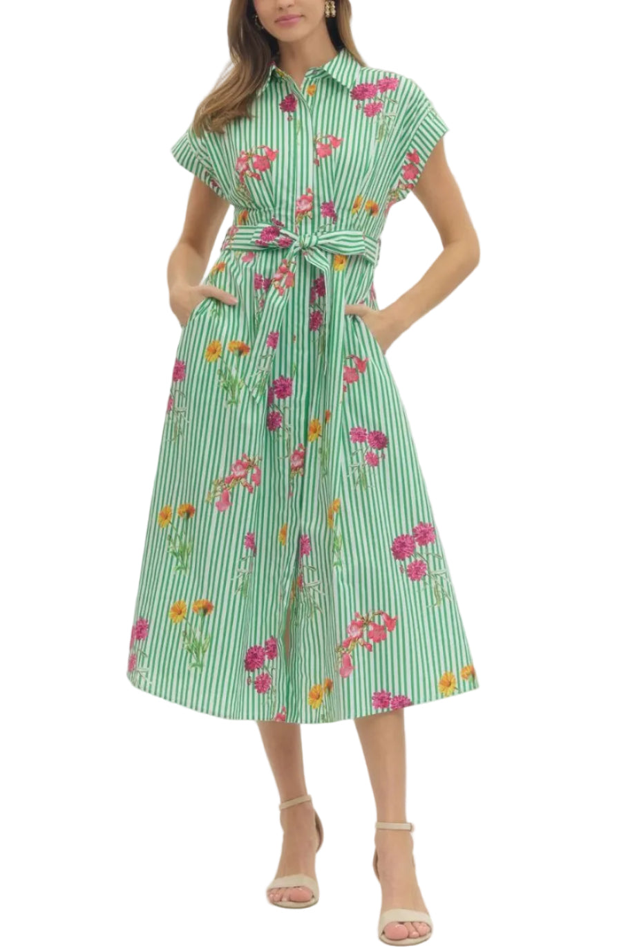 Ellis Floral Stripe Midi Dress - Pickering Boxwood