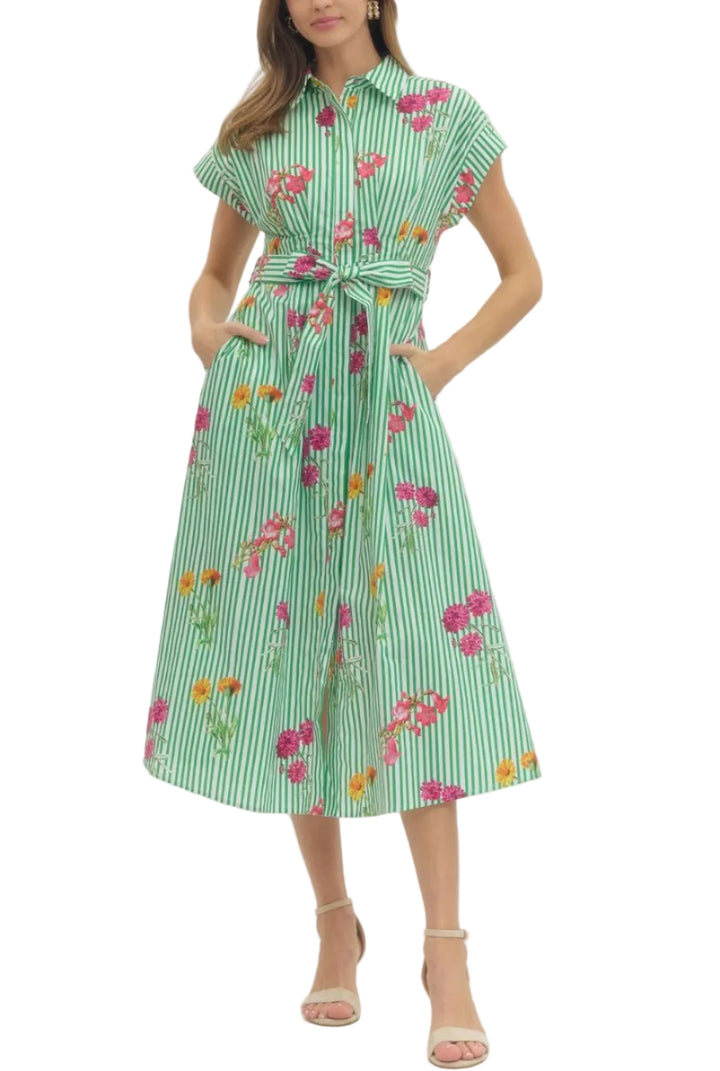 Ellis Floral Stripe Midi Dress - Pickering Boxwood