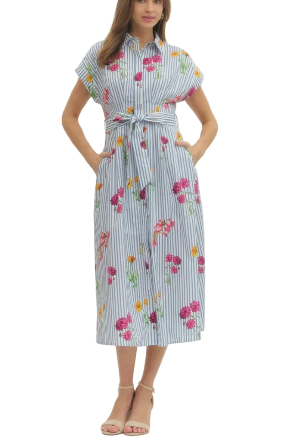 Ellis Floral Stripe Midi Dress - Pickering Boxwood