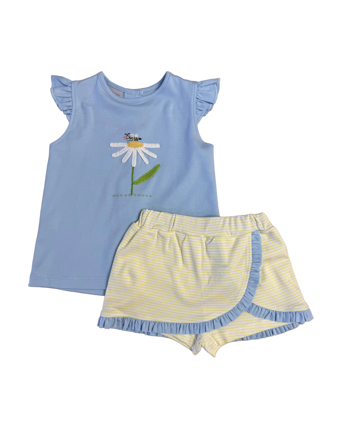 Children's blue sleeveless top with a flower design and yellow striped shorts on a wooden surface.