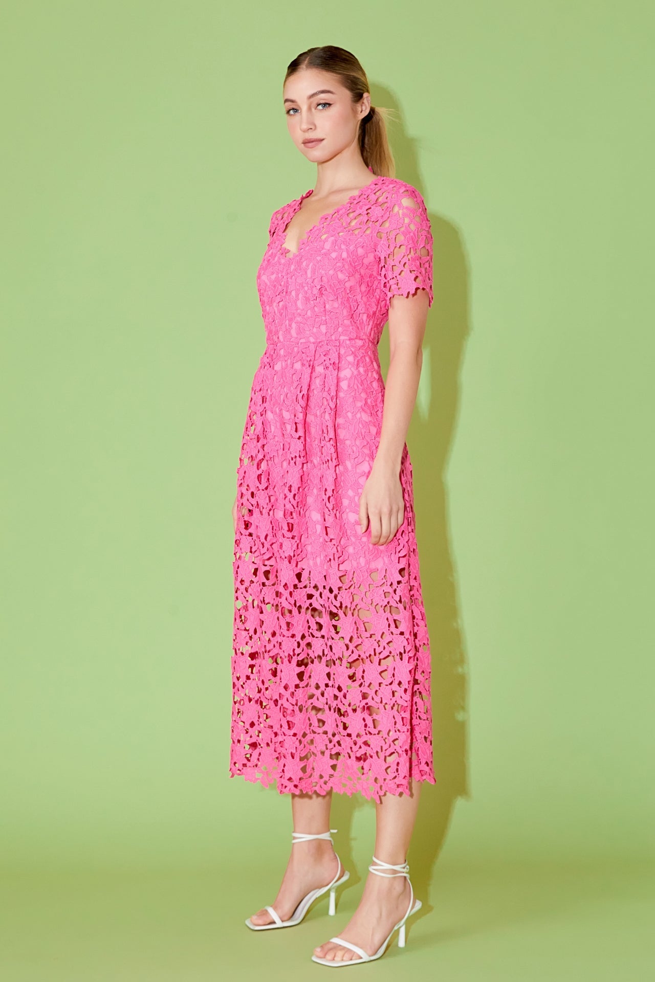 Isabella All Over Lace Midi Dress in Pink, pink over lace dress by endless rose 