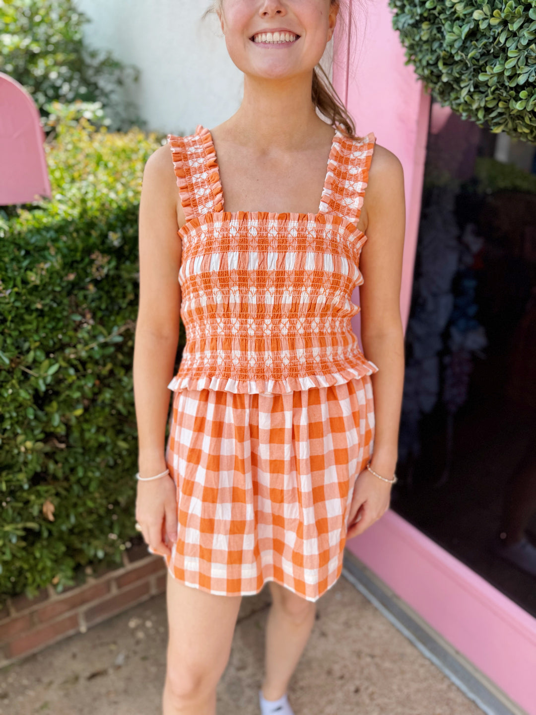 Lyla Plaid Smocked Crop Top and Skirt Set in Orange/White - Pickering Boxwood