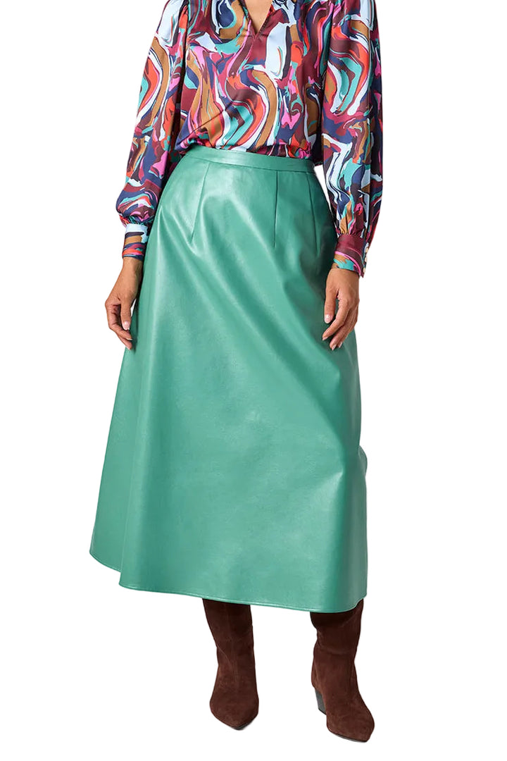 Selene Faux Leather Midi Skirt in Malachite by Crosby
