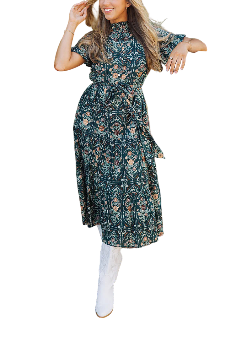 This charming hunter midi dress showcases a moody print and a flattering adjustable tie waist for a timeless, feminine look. The button-up neckline and short sleeves add a classic touch, making it effortlessly polished. With its warm tones and easy silhouette, it’s the perfect piece for fall outings or brunch dates.