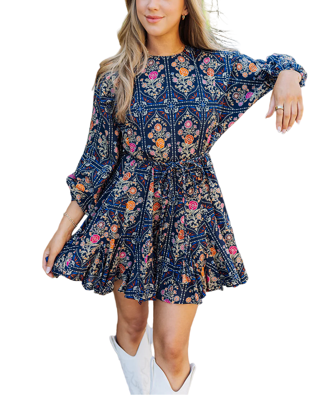 Embrace fall vibes with this navy print dress, featuring long sleeves, a rope tie belt, and a flared skirt for a playful touch. With its scoop neckline and flattering silhouette, it’s the perfect piece for crisp afternoons and cozy autumn adventures!