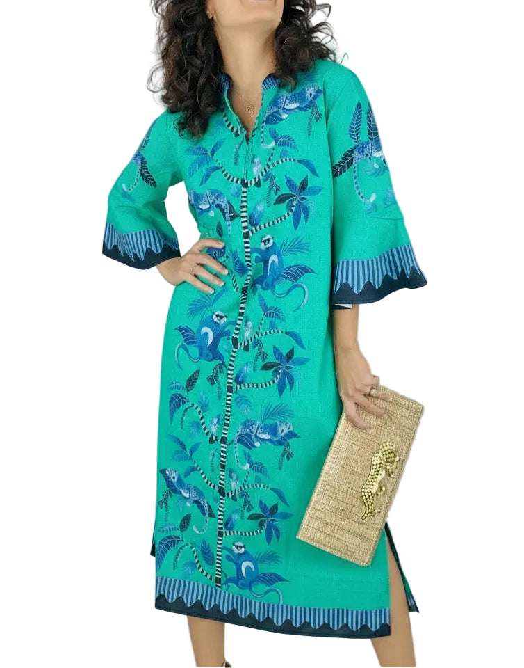 The Como midi is a flattering, clean silhouette, with a band collar and functional buttons on the yoke. We love the elegant bell sleeves that elevate this classic body. The side slits at the hemline show just a little leg for a quiet sexy feel.

We are proud to follow ethical, sustainable practices during the manufacturing process.

Sizes- XS, S, M, L, XL, XXL

Length- 48"

Fabric- 100% cotton, with cotton lining

Wash care- Wash by hand in cold water. Hang dry. Gentle iron if needed.