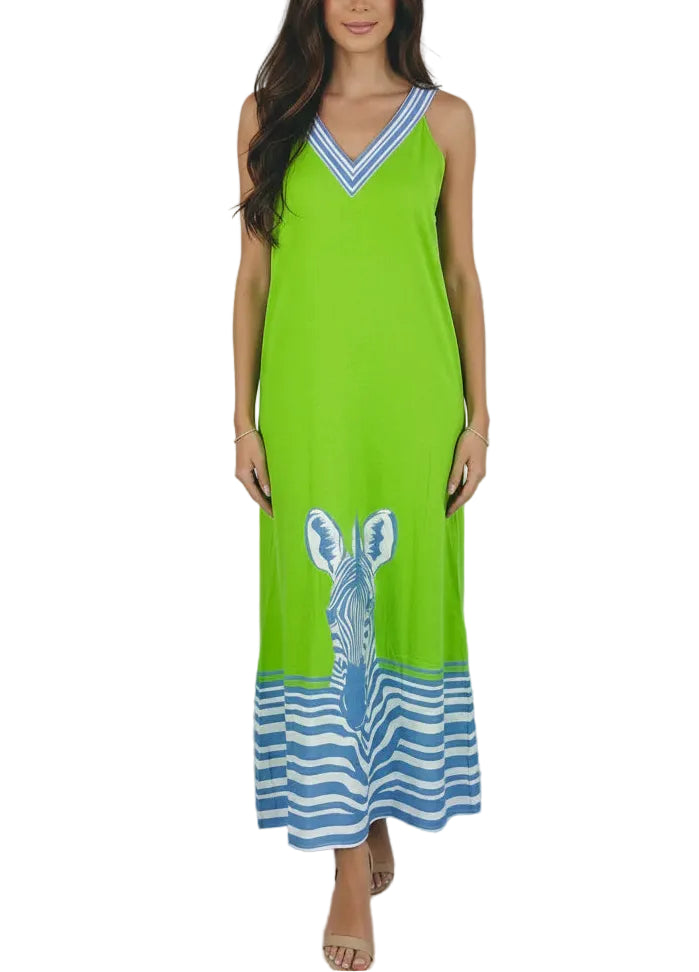 The Cabo midi features a breezy A-line silhouette that flatters with effortless ease. Cut in a relaxed fit with a gentle flare from the bust down, it skims the body without clinging, creating a fluid, elongated shape. The V-neckline is defined with a contrast statement trim, drawing attention to the collarbone.  This sleeveless dress is the perfect statement of laid-back elegance—ideal for resort strolls, coastal dinners, or barefoot luxury.

We are proud to follow ethical, sustainable practices during the 