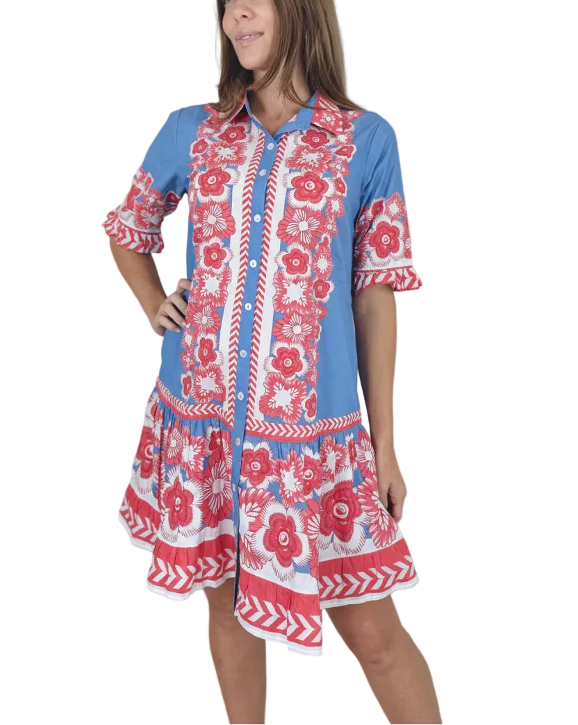This Lisbon mini is our highest selling dress. We love this floral print in these beautiful colors.

A classic shirt dress with a drop waist, and buttons down the front. 
Fully lined, with pockets on the side seam
Flatters all body types
Fabric- Cotton poplin