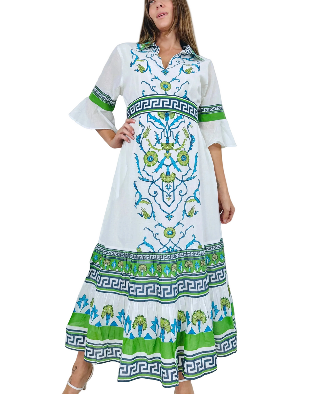 The Ascot Maxi is a flattering shift silhouette with a collar. We love the elegant bell sleeves, and the sash that gives definition to this classic body. There are two pockets on the side seams.

We are proud to follow ethical, sustainable practices during the manufacturing process